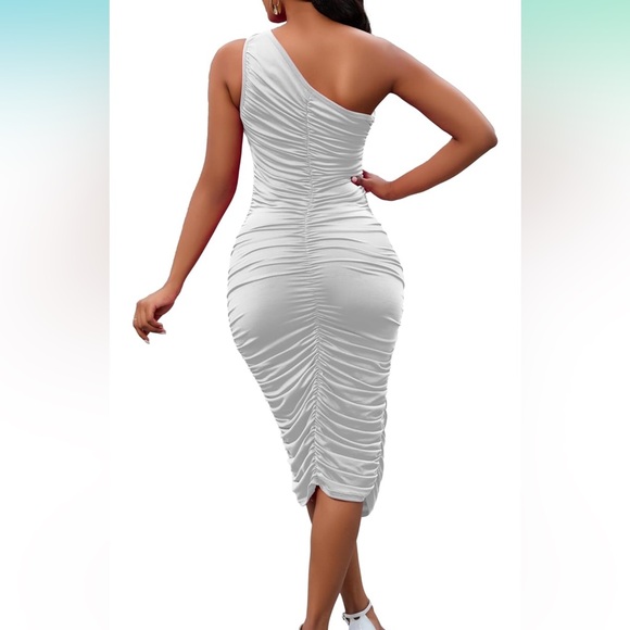 Perusal Sexy One Shoulder Sleeveless Party Club Ruched Cocktail Bodycon Midi Dre - Picture 2 of 3